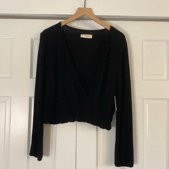 Lucky Brand black blouse with long sleeves. flattering V-neckline - Picture 1 of 5